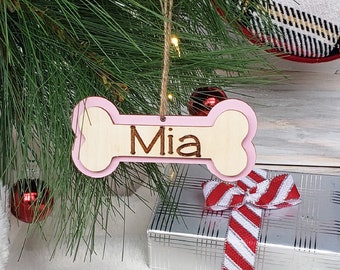Wooden Personalized Dog Bone Ornament, Engraved Dog Ornament with Name