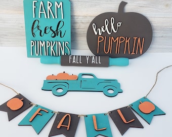 Teal Pumpkin Fall Tiered Tray Decor Bundle, Fall Pumpkin Tiered Tray Decor Set