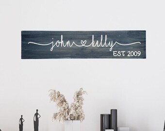 May include: A dark blue wooden sign with white lettering that reads "john & kelly est 2009". The sign is hanging on a white wall above a dark grey cabinet with black accents.