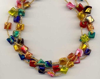 3 Strand Necklace, Murano Glass, "Exposed Gold" Venetian Beads, Small Flat Squares with 24 Karat Gold Foil, Multicolored Lampworked Beads