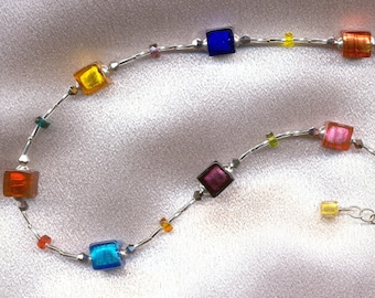 Murano Glass Multicolored Venetian Cube Shaped Beaded Necklace with Foil and Crystal Accents with Sterling Silver Clasp and Adjustable Chain