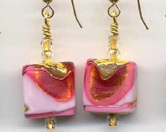 Pink and White Murano Glass "Exposed Gold" Earrings with Venetian Glass Beads, 14mm Flat Cubes, 24 Karat Gold Foil, Handmade, Wirewrapped