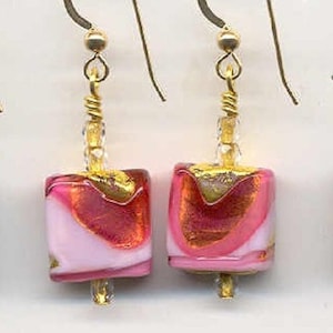 Pink and White Murano Glass &quot;Exposed Gold&quot; Earrings with Venetian Glass Beads, 14mm Flat Cubes, 24 Karat Gold Foil, Handmade, Wirewrapped