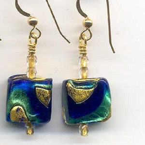 Aqua and Cobalt Blue Murano Glass, Exposed Gold, Earrings with Venetian Glass Beads, 14mm Flat Cubes with 24 Karat Gold Foil