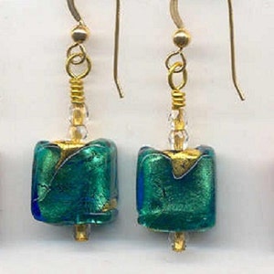 Aqua Teal Murano Glass, &quot;Exposed Gold&quot; Earrings with Venetian Glass Beads, 13 to 14mm Flat Cubes with 24 Karat Gold Foil.