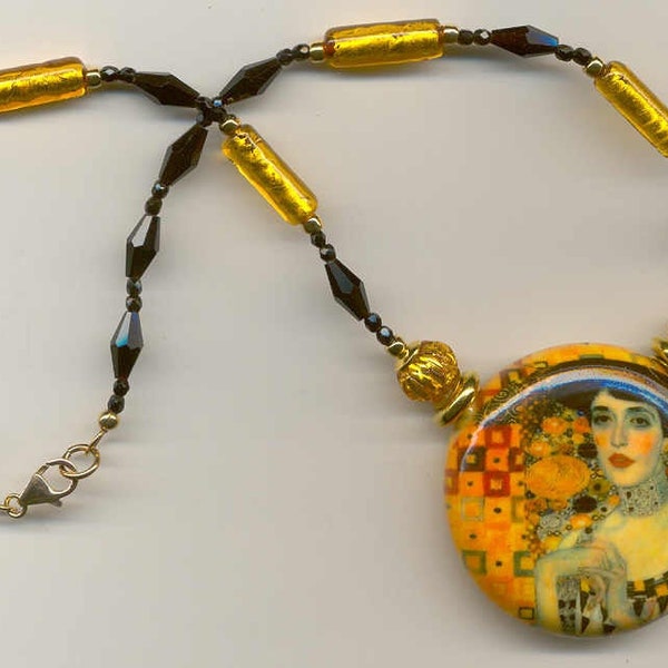 Klimt's Adele, Blown Glass Pendant, Murano Glass, Venetian Glass Bead Necklace  with 24 Karat Gold Foil, Topaz & Gold Beads; 18 Inches Long