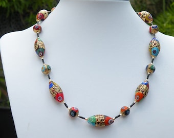 Klimt Style Millefiori Murano Glass Venetian Bead Necklace, Gold Foil, Adjustable Length 19 1/2 to 21 1/2 Inches, Gold Filled Clasp & Chain