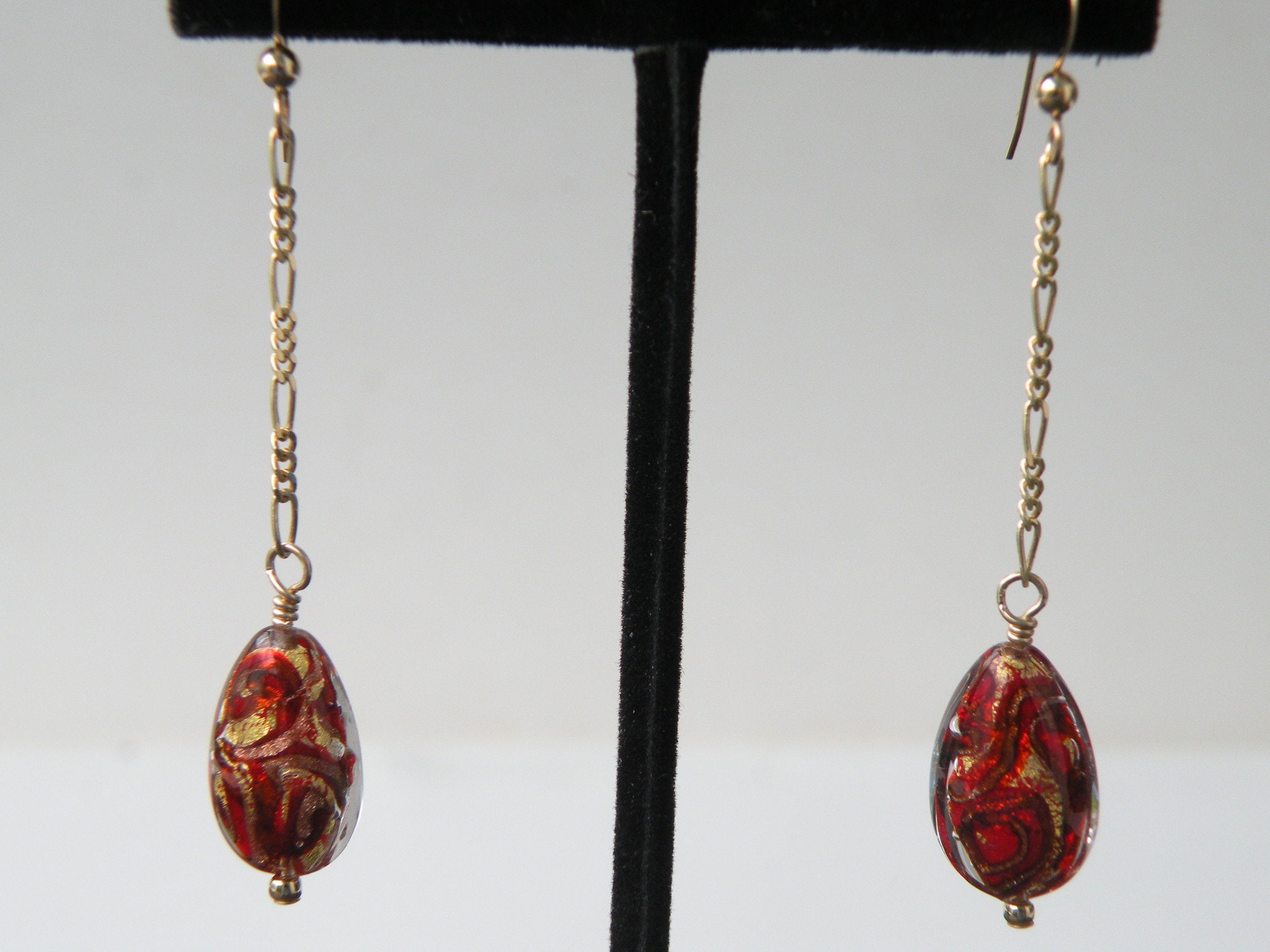Boucles D'oreilles Pendantes Verre De Murano Rouge Marbré - Neuf Avec étiquettes, Dormeuses, Acier Inox