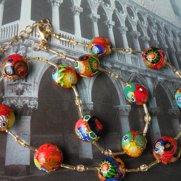 Decorated Murano Glass, 17mm Lentils, Small Discs, Venetian Bead Necklace, with Millefiori, Chevron, Gold Foil, Handmade Italian Beads