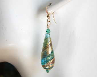Pendientes de cristal de Murano verde laguna en forma de lágrima: Cuentas venecianas de aventurina con oro de 24 quilates