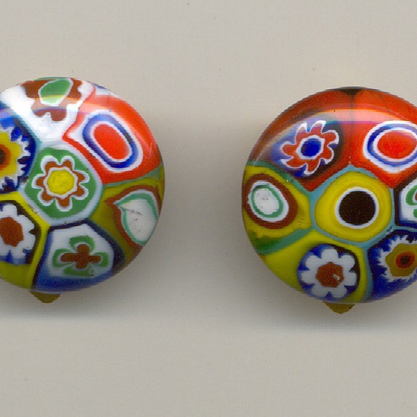 Vintage Millefiori Murano Venetian Glass, 21mm Cabochon Earrings,  Handmade, Multicolored Mosaic, Made in Murano, Italy; Clips or Posts