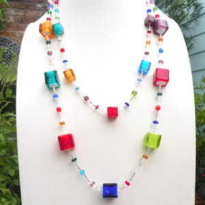 Multicolored Murano Glass, Venetian Cube Bead Necklace; Combination 2 in 1 Design, Worn Together or Separately, Silver Clasp & Bugle Beads