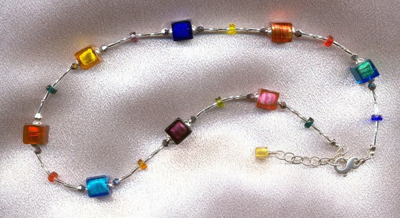 Murano Glass Multicolored Venetian Cube Shaped Beaded Necklace with Foil and Crystal Accents with Sterling Silver Clasp and Adjustable Chain