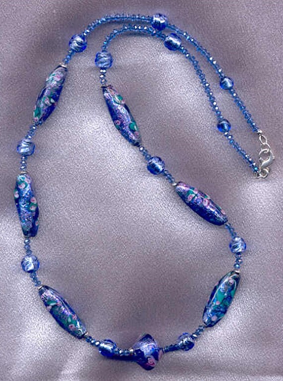 Blue, Violet, Pink Murano Glass, Monet Lily Pad Venetian Bead Designed Long 30 Inch Necklace with Silver Foil Handmade Beads