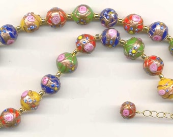 Vintage Italian Wedding Cake Venetian Beads, Murano Glass, 14mm Antique Fiorato (Flowered) Necklace, Handmade, Lampworked Italian Beads