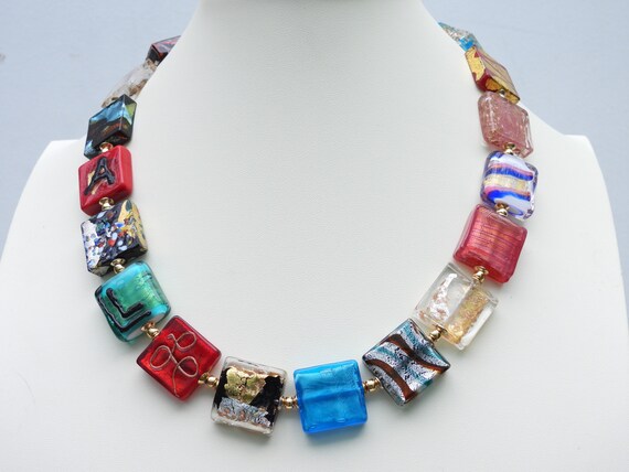 Murano Glass, Venetian Art Bead Necklace, With 20 Mm Square Beads
