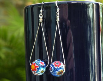 Millefiori Murano Glass Earrings, 14mm "Fine" Millefiori, Handmade Italian Multicolored Mosaic Beads, dangles on Sterling Silver Chain