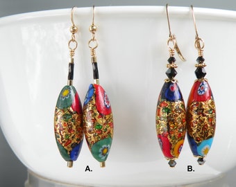 Earrings, Klimt Style Millefiori Murano Glass Venetian Beads, Topaz Colored Murano Glass, 24 Karat Gold Foil Gemmato, Italian Beads