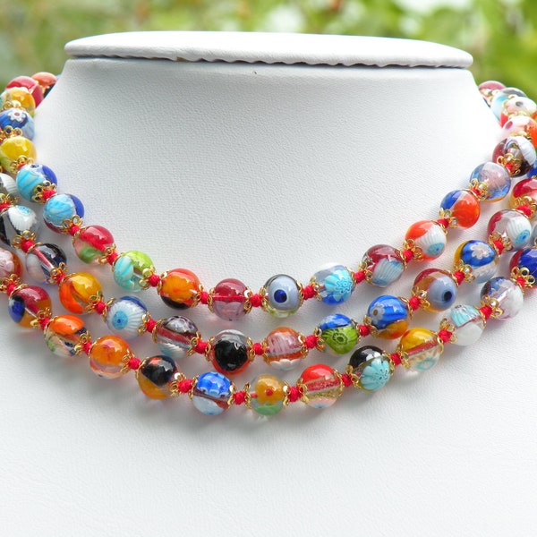Murano Glass, 8mm Round, Clear Background, "Lace" Millefiori Necklace, Available in Two Lengths, Gold Clasp, Hand Knotted