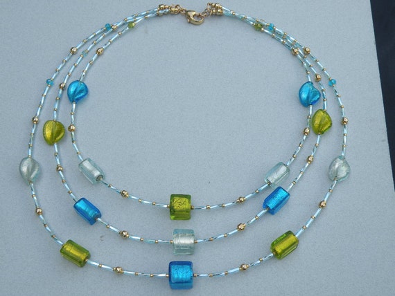 3 Strand Murano Glass Venetian Bead Necklace With Light Aqua | Etsy