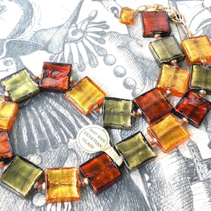 Vintage Fall Colored Necklace, Murano Glass, 20mm Square Venetian Beads; Dark & Light Topaz, Olive over 24 Karat Gold Foil, 20-22 Inches