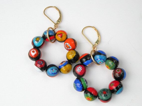 Boucles D'oreilles Pendantes Perles Verre Millefiori Murano - Plaqué Or, Neuf Sans Emballage