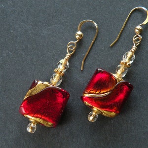 Red Murano Glass, &quot;Exposed Gold&quot; Earrings Venetian Glass Beads, 13-14mm Flat Cubes with 24 Karat Gold Foil, Handmade Wirewrapped Earrings