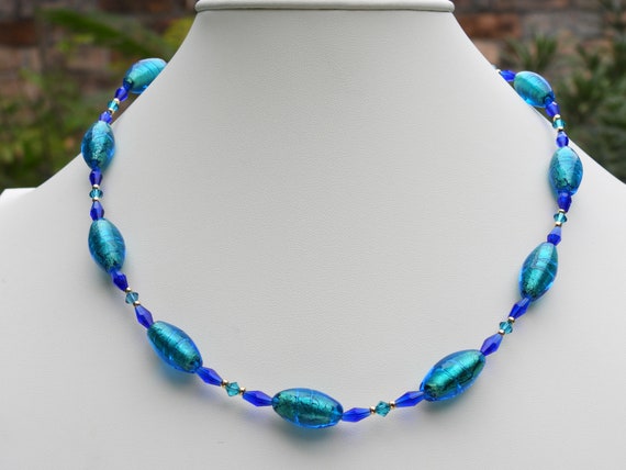 Murano Glass Necklace in Aqua and Green Multi Murano Glass Beads, Asymetrical Design 28 Inches