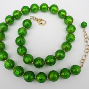 Green Murano Glass, Venetian Bead Necklace, 24 Karat Gold Foil, 12mm Round, Handmade, Lampworked, Emerald Green Italian Beads image 4