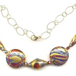 One-of-a-Kind, Murano Glass, Venetian Bead Necklace; Periwinkle Blue, Rubino Oro and 24 Kt Gold Foil Beads on Gold Filled Link Chain & Clasp