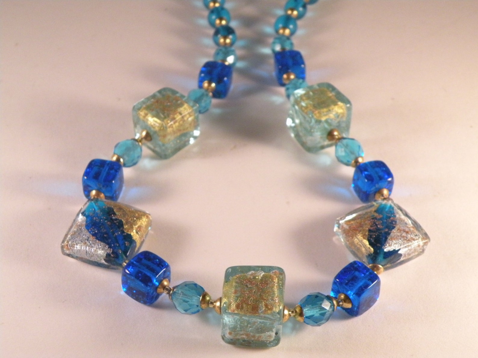 Murano Glass Bead Necklace Aqua Blue Silver Foil Etsy