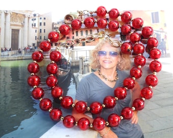 Red Murano Venetian Glass, Venetian Bead Necklace, 24 Karat Gold Foil,  12mm Round, Handmade, Lampworked, Vibrant Red Italian Beads