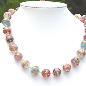 Pastel Vintage Fiorato &quot;Wedding Cake&quot; Murano Glass Venetian Bead Necklace, 14mm Antique Fiorato Handmade Italian Beads, Gold Clasp & Chain