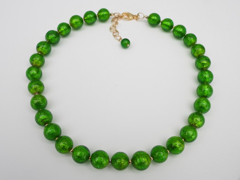 Green Murano Glass, Venetian Bead Necklace, 24 Karat Gold Foil, 12mm Round, Handmade, Lampworked, Emerald Green Italian Beads image 7