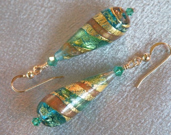 Lagoon Green, Aqua, Oro, Teardrop, Murano Glass, Venetian Beads with 24 Kt. Gold Foil & Aventurina; Handmade Lampworked Bead Earrings