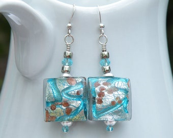 Aqua Square Bombata Murano Glass, Venetian Bead Earrings; Aventurina, White Gold Foil, 18mm Square Earrings on Sterling Silver