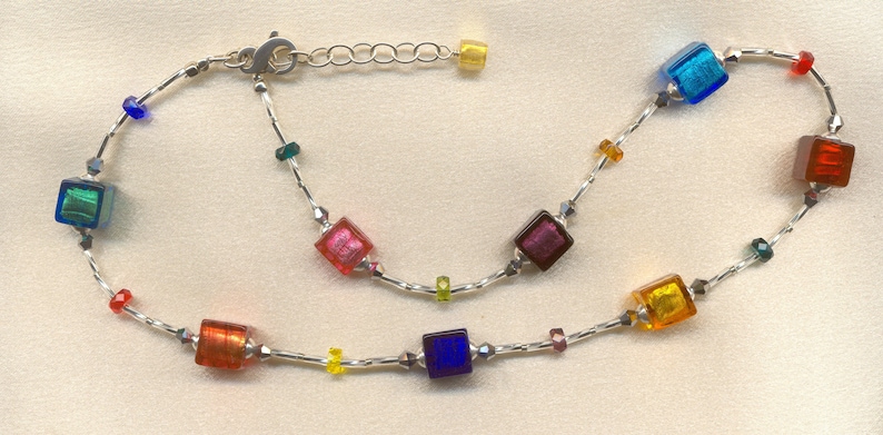 Murano Glass Multicolored Venetian Cube Shaped Beaded Necklace with Foil and Crystal Accents with Sterling Silver Clasp and Adjustable Chain