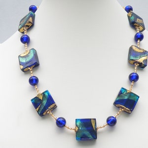 Vintage Murano Glass, two colored cobalt blue and aqua teal ,"Exposed Gold", Squares, Venetian Bead Necklace, with 24 Karat Gold Foil.