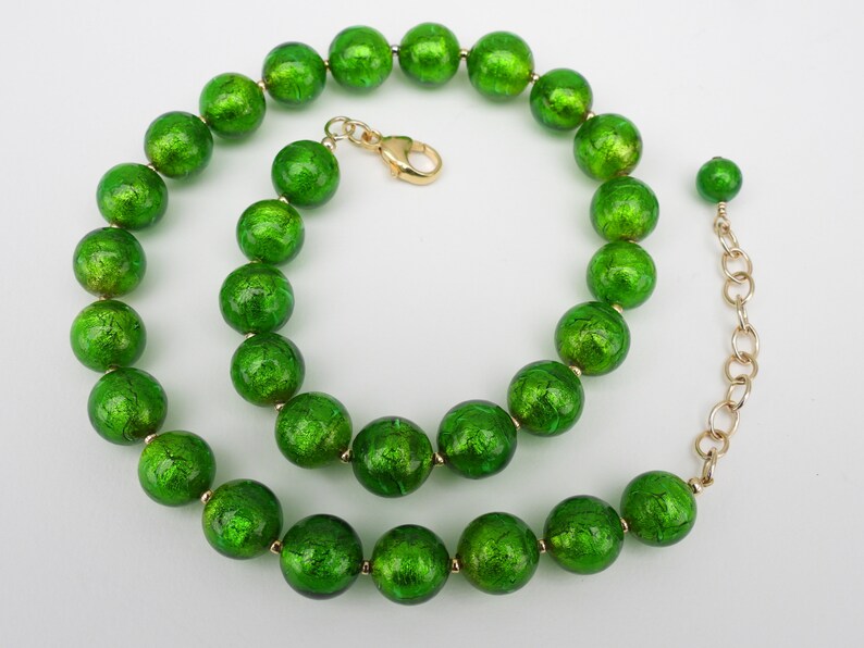 Green Murano Glass, Venetian Bead Necklace, 24 Karat Gold Foil, 12mm Round, Handmade, Lampworked, Emerald Green Italian Beads image 3