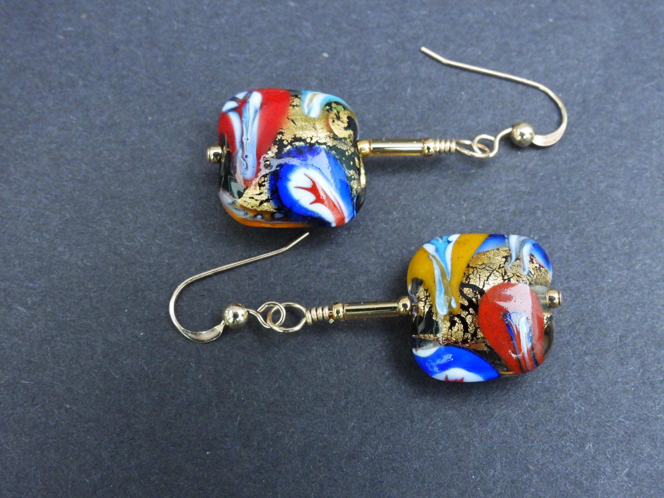 クリムト様式、ムラーノガラス、ミルフィオリイヤリング、16mmの