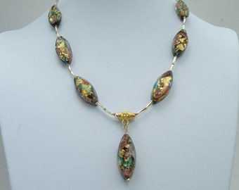 Murano Glass Navette Shaped Venetian Bead Necklace with Jackson Pollock Style Beads, Gold & Silver Lined Bugles, Gold Filled Clasp