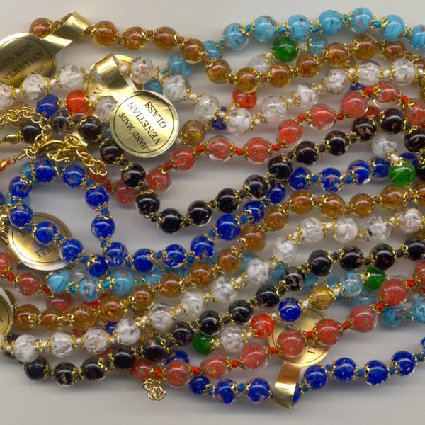 Vintage, Murano Glass, Aventurina 8mm Round, Venetian Bead Necklaces, 24 1/2 Inches to 26 1/2 Inches with Adjustable Chain, Handknotted