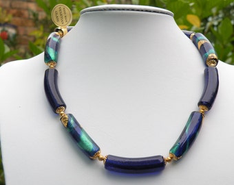 Cobalt Blue Murano Glass Venetian Beads, Curved Tube Necklace with "Exposed Gold" Aqua Oro (Teal), Cobalt & 24 Karat Gold Foil