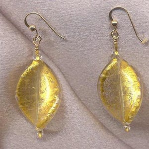 Venetian Murano Glass Earrings, 24 Karat Gold Foil, Twist Shaped Beads, 32x20mm Handmade Lampworked Beads, Wirewrapped, with Crystals
