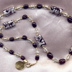 Vintage Black and Silver Necklace, Murano Glass Swirls and Silver Foil, Rectangle Venetian Beads, with Baroque Rounds,  in 2 Lengths; 24, 31