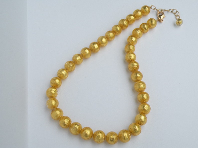 Gold Foil 24 Karat 12mm Round Murano Glass Venetian Bead Necklace, Italian Beads with Crystal Clear Murano Glass Outside, Gold Filled Clas image 2