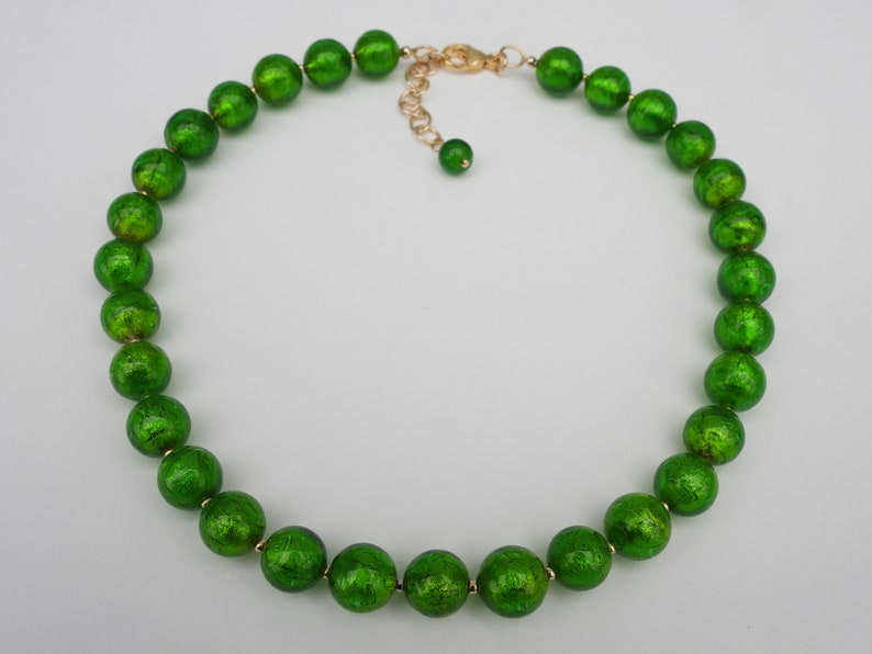 Green Murano Glass, Venetian Bead Necklace, 24 Karat Gold Foil, 12mm Round, Handmade, Lampworked, Emerald Green Italian Beads image 6