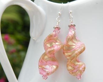 Spiral Twist Earrings, Murano Glass, Venetian Beads with Pink Swirls and White Gold Foil, Pink Swarovski Crystals, Sterling Silver