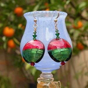 Murano Glass Earrings, Bi-Colored Red and Green 21mm Discs, Venetian Glass Beads, with 24 Karat Gold Foil, Wirewrapped Earrings