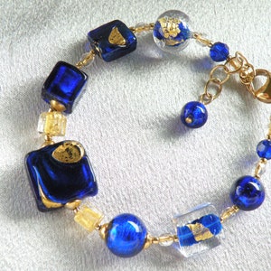 Cobalt Blue Murano Glass, Handmade Venetian Bead Bracelet, with Assorted Shaped Lampworked Beads, Gold Clasp, Adjustable Chain, in 2 Lengths